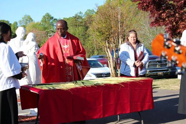 Father blesses the palms at the start of Palm Sunday Mass at Divine Redeemer Church in Boonville. (Sergio Garcia)