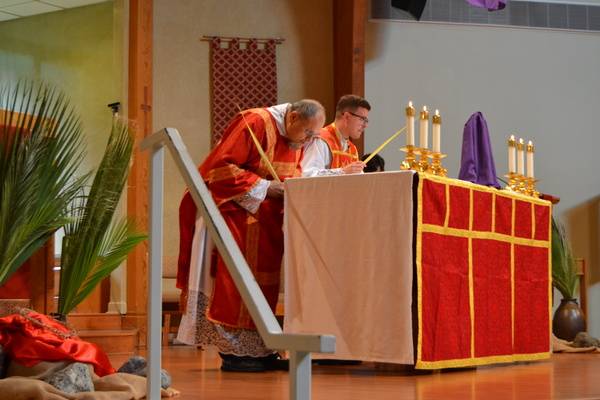 Father Christopher Brock, assisted by Deacon Mark Mejias, leads Palm Sunday Mass at Holy Cross Church in Kernersville. (Paul Doize)