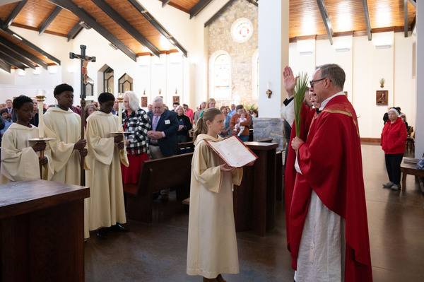 Father Christian Cook celebrates Palm Sunday Mass at St. Pius X Church in Greensboro. (Mary Ann Luedtke)